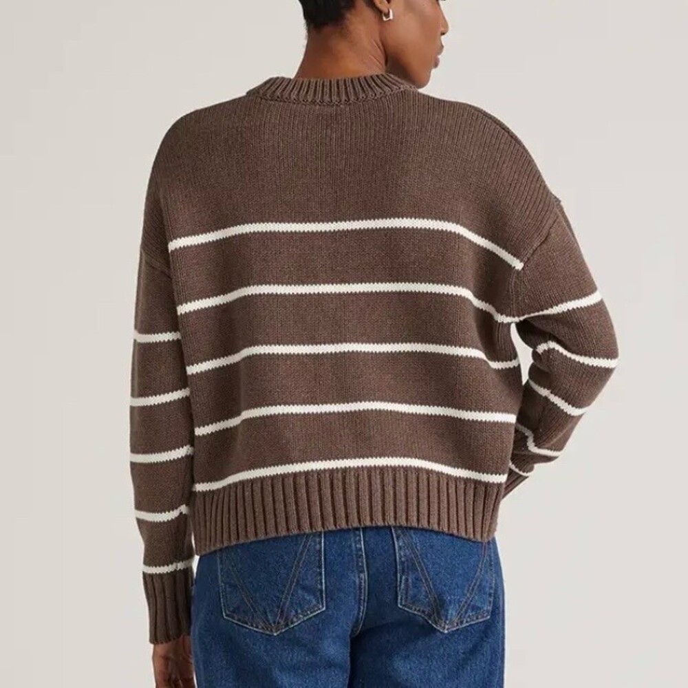 Quince Organic Cotton Striped Crew Sweater Womens Size S Brown Pullover - Picture 2 of 13